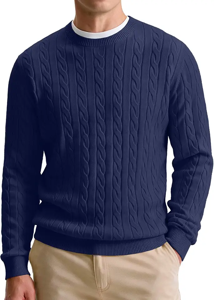 Comdecevis Men's Cable Knit Sweater - Casual Crewneck Regular Fit Pullover