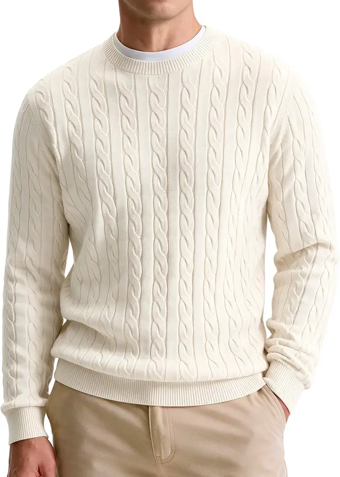 Comdecevis Men's Cable Knit Sweater - Casual Crewneck Regular Fit Pullover