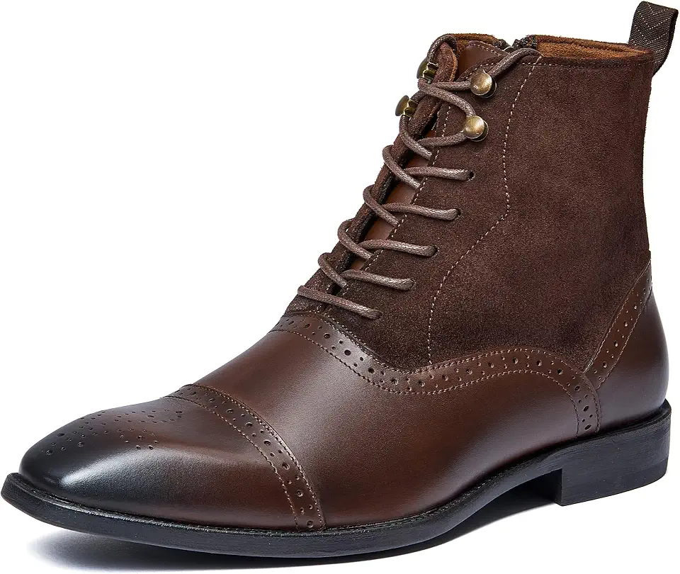 ArcBrothers Men's Leather Suede Brogue Dress Boots, Lace-Up with Side Zip