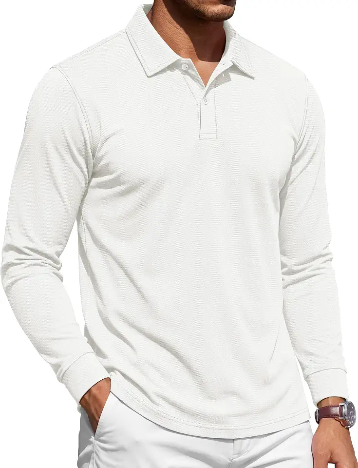 Cotrasen Long Sleeve Polo Shirts for Men 2 Buttons Cotton Collared Shirt