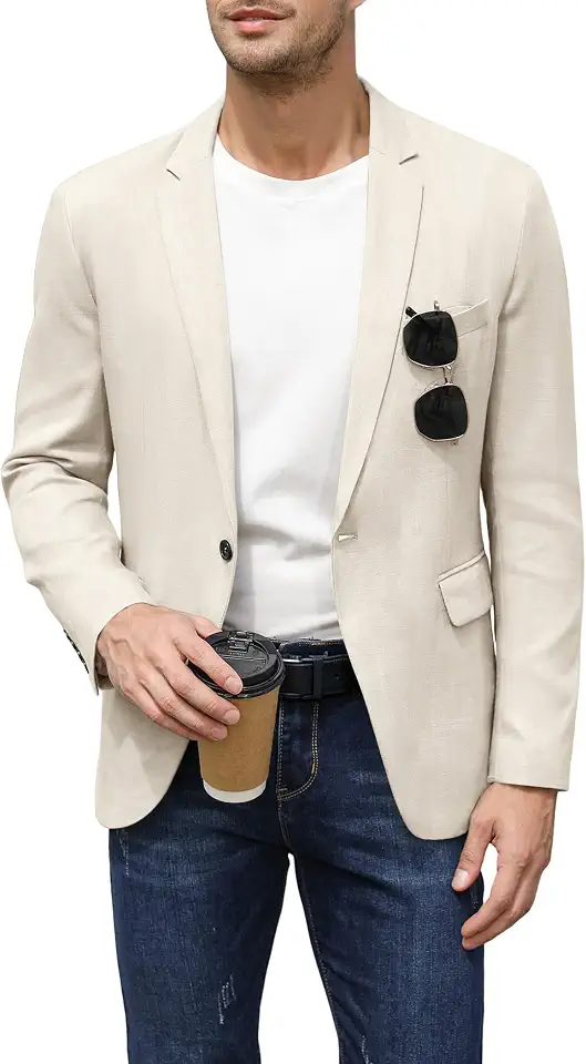 YesFashion Mens Linen Blazer Sport Coats One Button Casual Suit Jackets