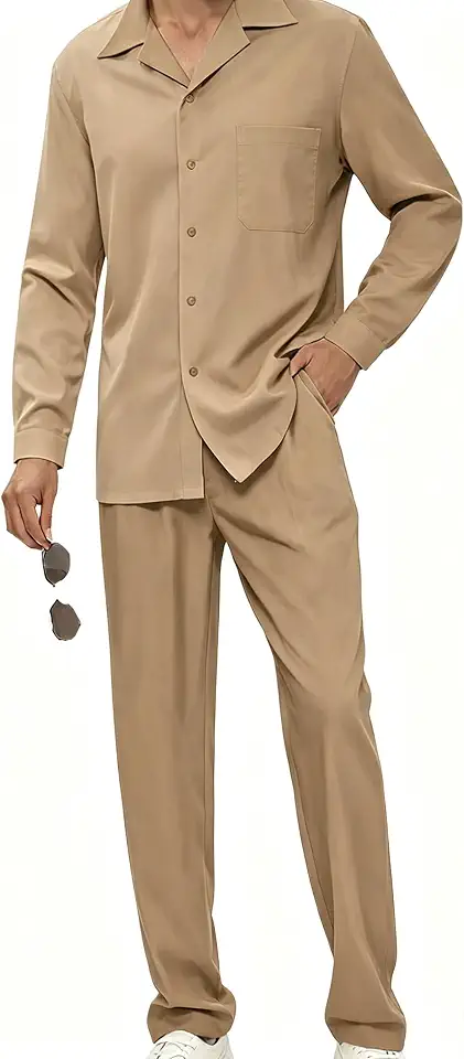 Kubsid Men 2 Piece Outfits Casual Long Sleeve Button Down Shirt Loose Long Pants Sets Loungewear Suits