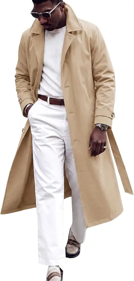 Runcati Mens Trench Coat Single Breasted Notch Lapel Belted Long Overcoat