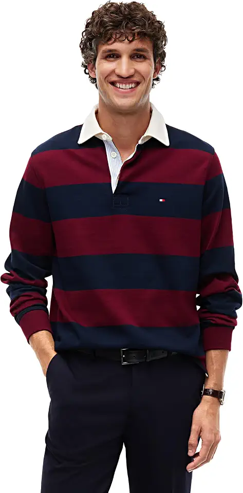 Tommy Hilfiger Men's Long Sleeve Casual Cotton Striped Rugby Polo