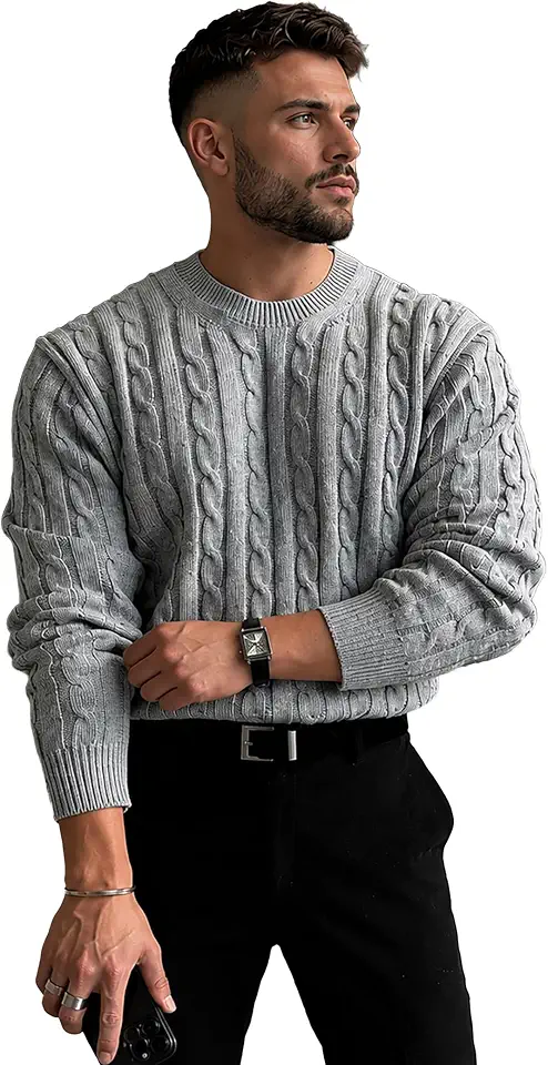 MARIASHA Men's Crewneck Sweater Lightweight Casual Cable Knit Pullover