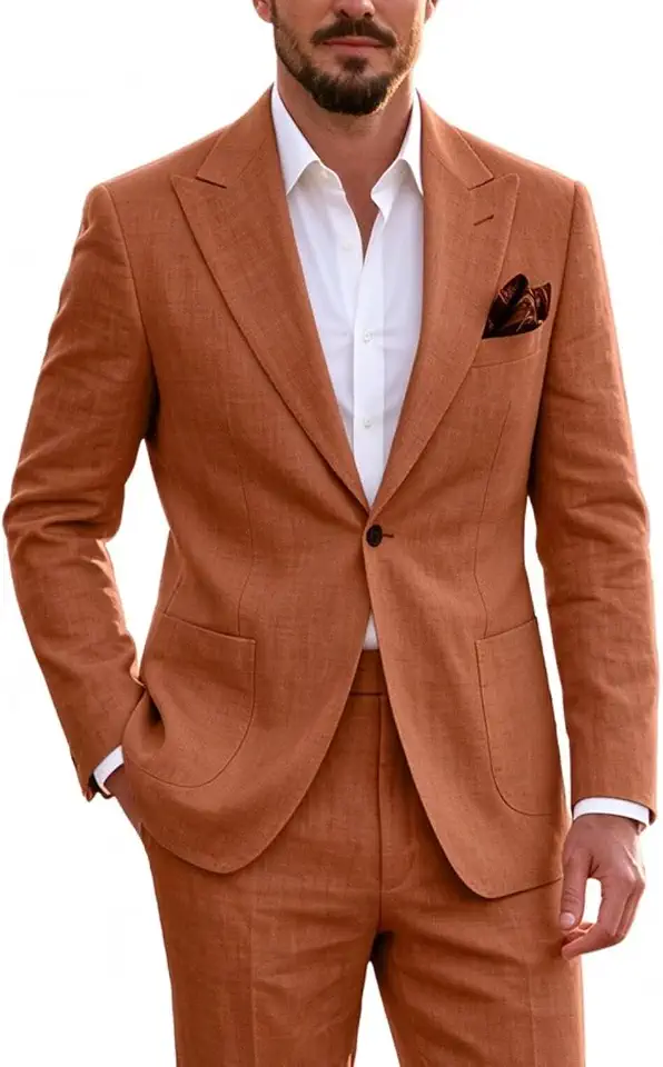 Linen Men Suit Set Summer Casual Tuxedo 2 Piece Jacket and Pants Wedding