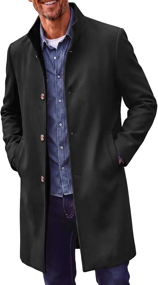 Men's Charcoal Stand Collar Wool Overcoat