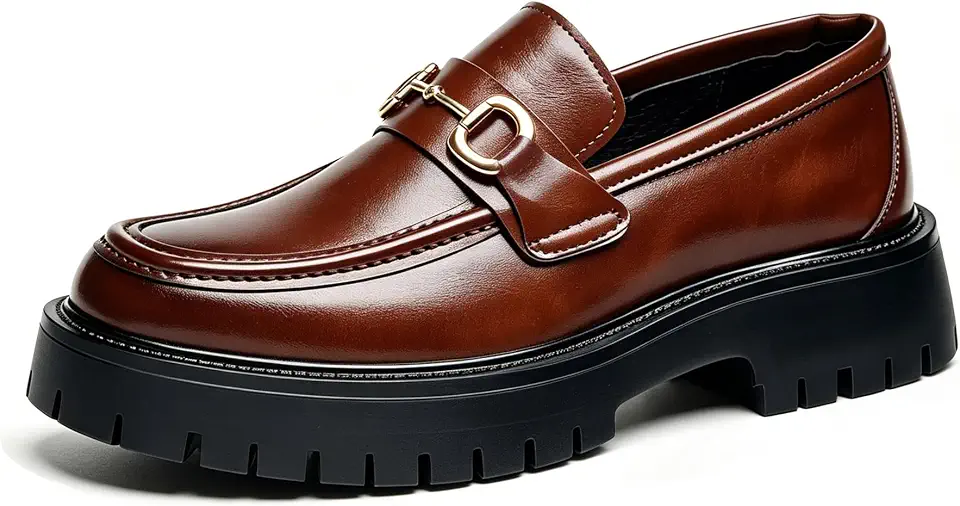 Men's Patent Leather Platform Penny Loafers Classic Slip-on Lug Sole Business Dress Shoes with Metal Horsebit Detail Daily Non-Slip Shock Absorbing Casual Shoes