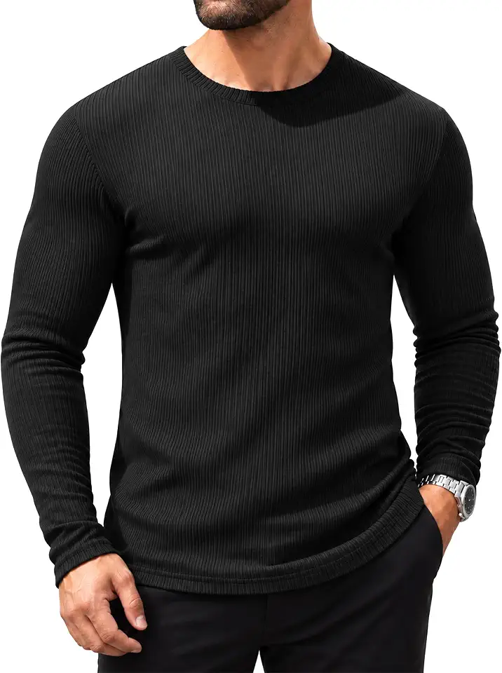 Mens Thermal Long Sleeve Shirt, Ribbed Crew Neck Base Layer Top