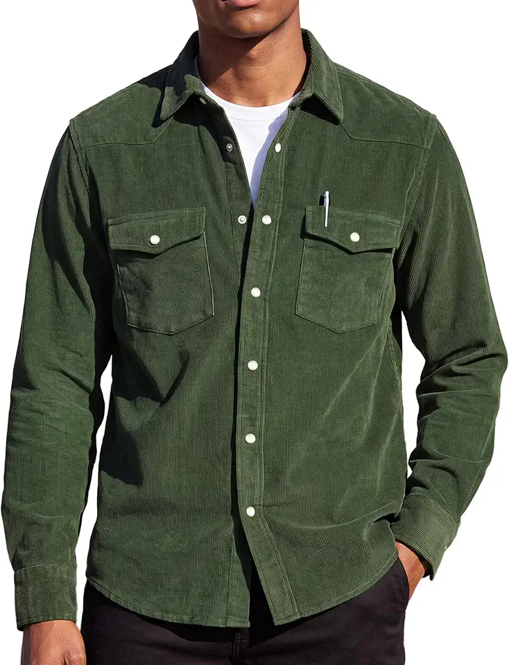Kallspin Men's 100% Cotton Corduroy Western Pearl Snap Shirts Classic Fit