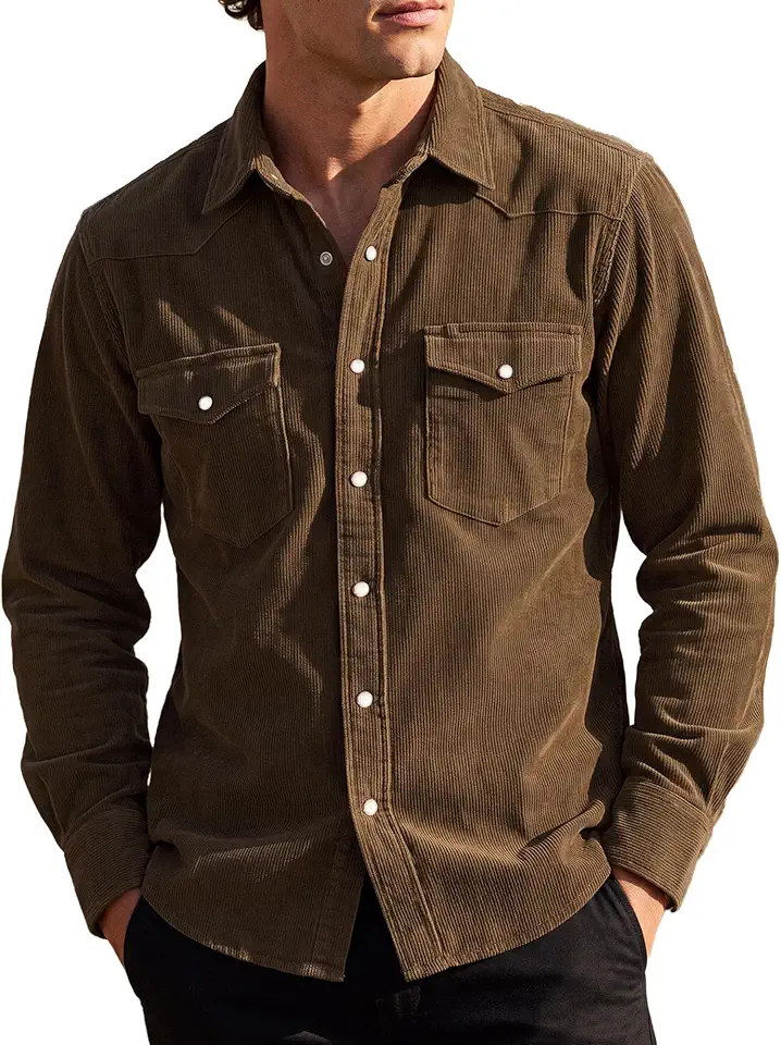 Kallspin Men's 100% Cotton Corduroy Western Pearl Snap Shirts Classic Fit