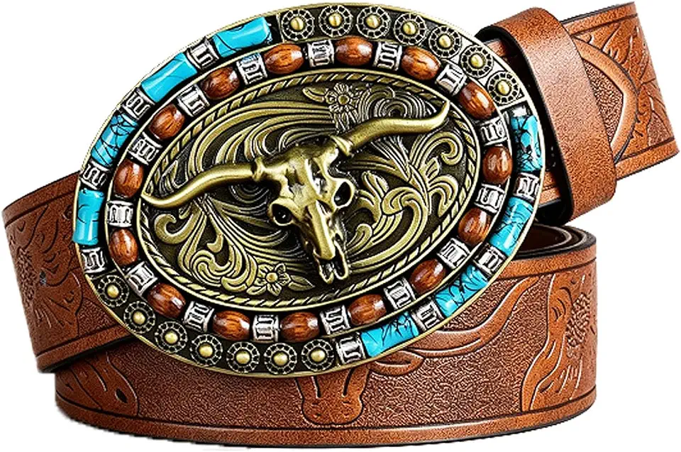 Vintage Western Cowboy Belt with Bull Buckle, Embossed Leather
