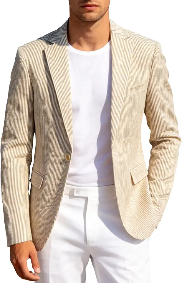 UNINUKOO Mens Suit Jacket Seersucker Striped Summer Casual Blazer
