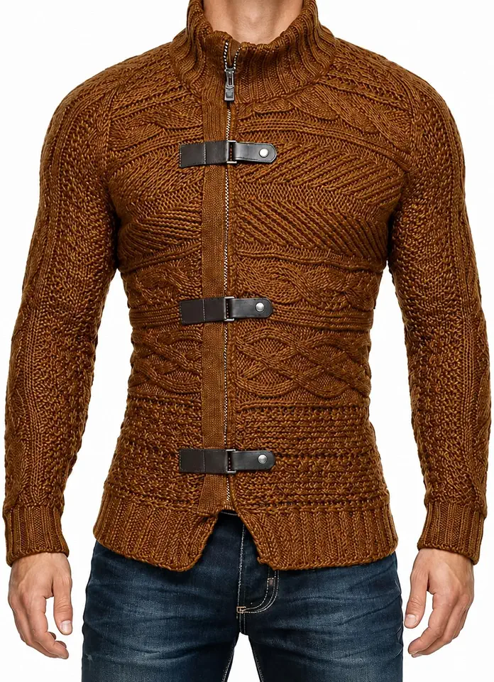 Men's Cable Knit Stand Collar Zip Buckle Cardigan Sweater Jacket