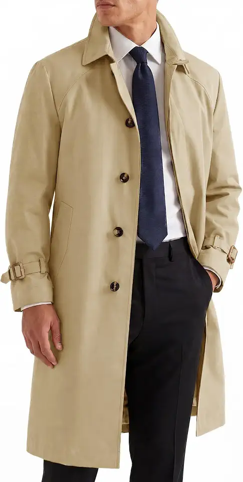Runcati Mens Trench Coat Single Breasted Notch Lapel Casual Belted Overcoat