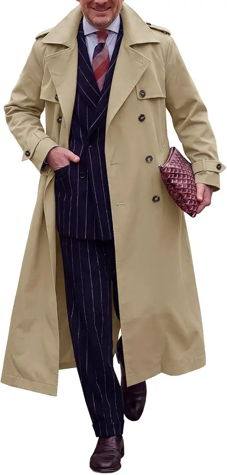 Runcati Mens Trench Coat Double Breasted Notch Lapel Belted Long Overcoat