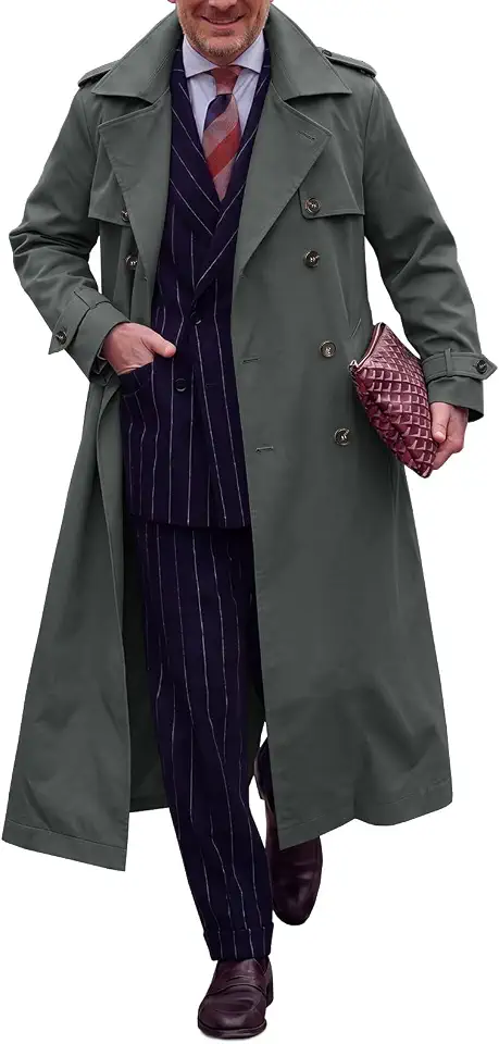 Runcati Mens Trench Coat Double Breasted Notch Lapel Belted Long Overcoat