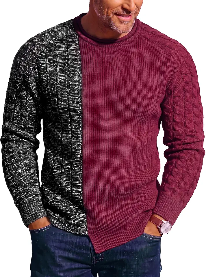 Runcati Mens Cable Knit Pullover Sweater Color Block Slim Fit Tops