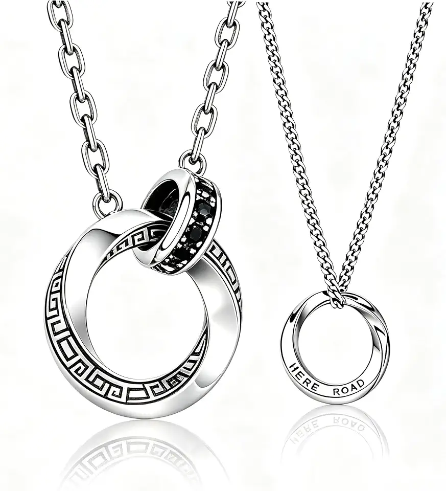 Möbius Strip Men's Necklace Double Ring Black Onyx Pendant Necklace for Men