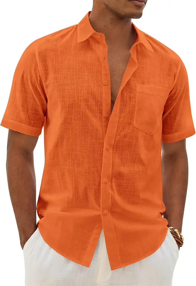Mens Linen Textured Shirt Button Down Short Sleeve Casual Summer Shirts