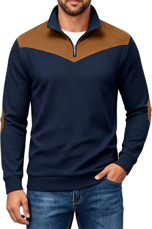 Men's Quarter Zip Sweatshirt Ribbed Mock Neck Suede Elbow Patches