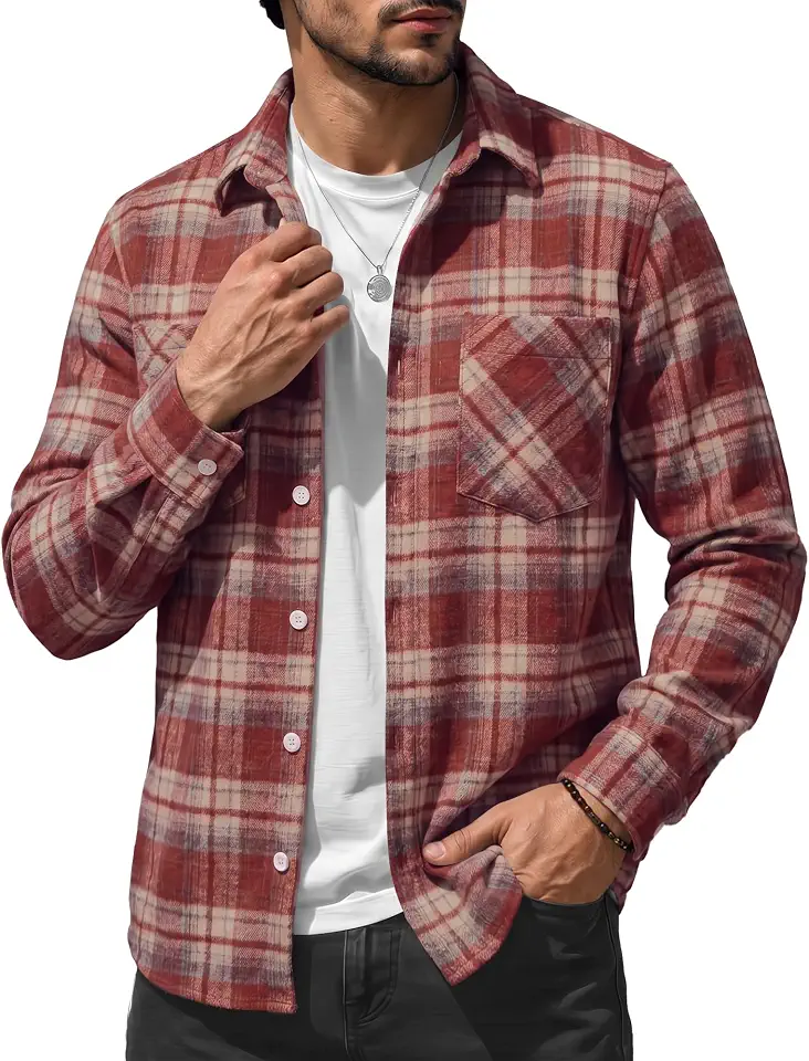 Mens Flannel Long Sleeve Plaid Shirt Button Down