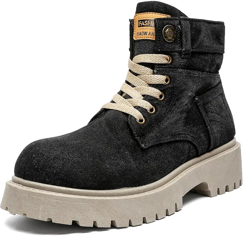 Men Platform Denim Combat Boots Round Toe LaceUp Chunky Lug Sole Work Boots