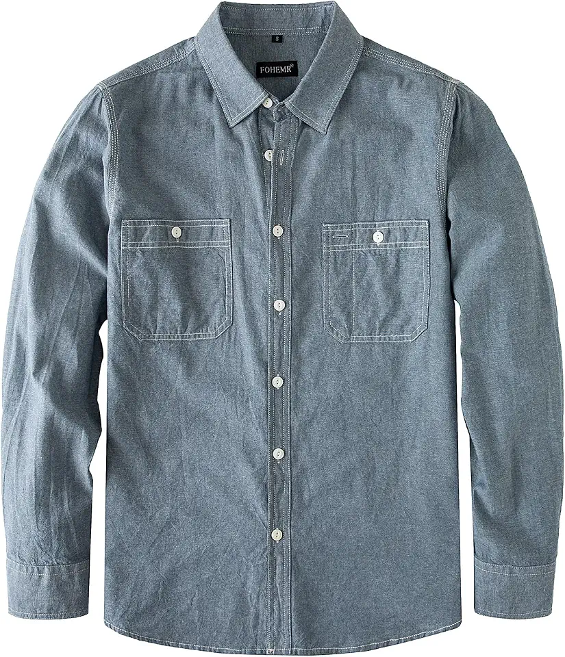 fohemr Men's Chambray Shirt Work Button Down Long Sleeve with Two Pocket
