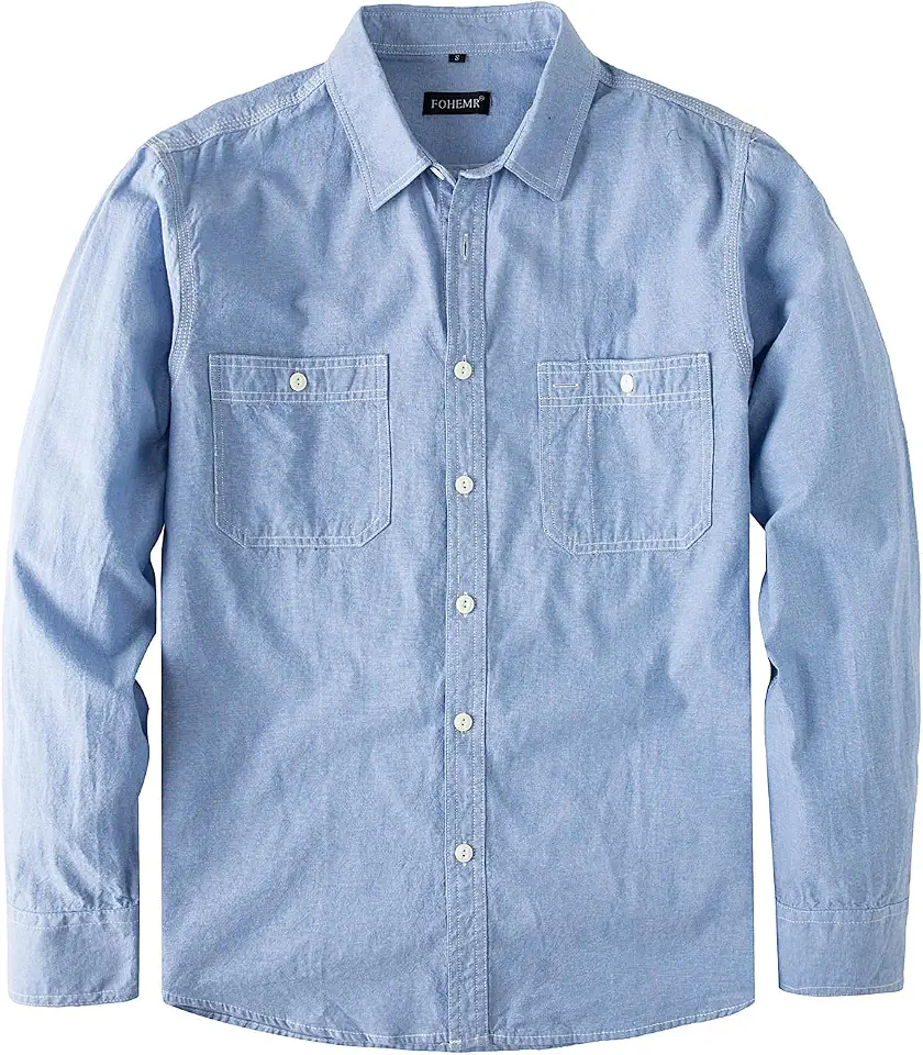 fohemr Men's Chambray Shirt Work Button Down Long Sleeve with Two Pocket