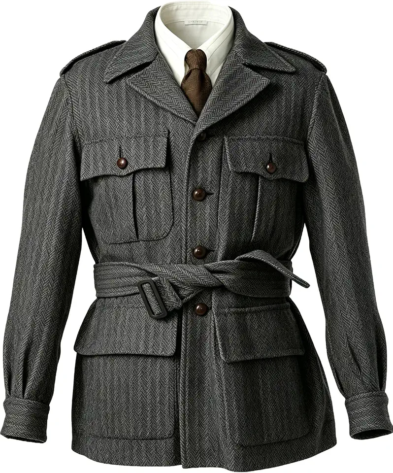 Men's Herringbone Tweed Blazer Wool Blend Safari Jacket with Belt