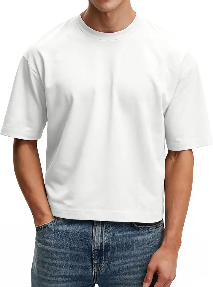 Comdecevis Men's Casual Boxy Fit Cropped T-Shirt