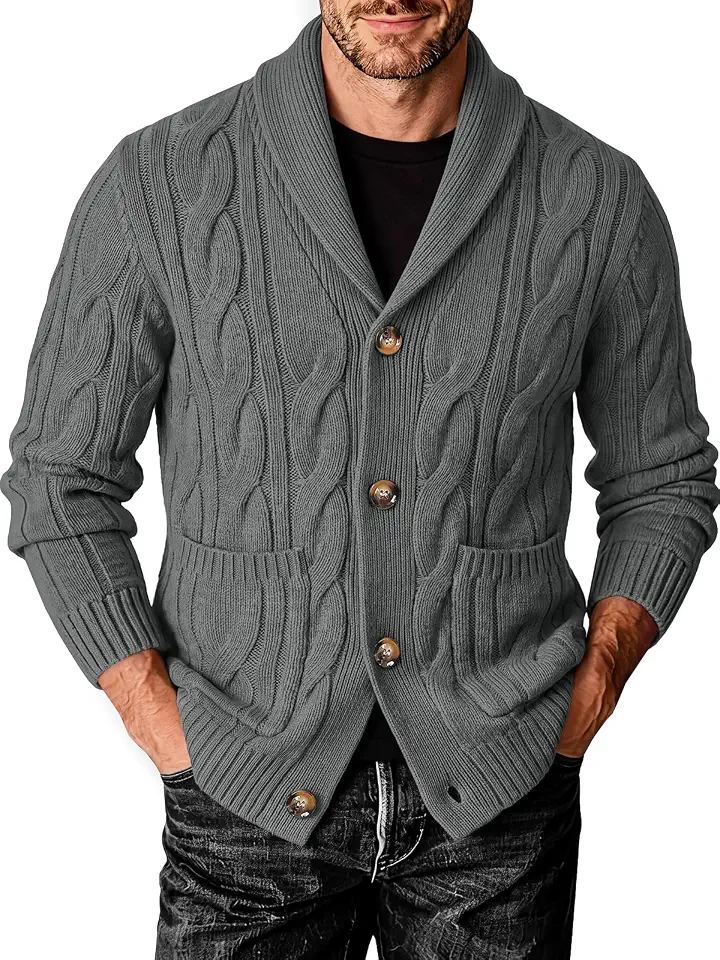 Runcati Mens Cardigan Sweater Cable Knit Shawl Collar Slim Fit Sweaters