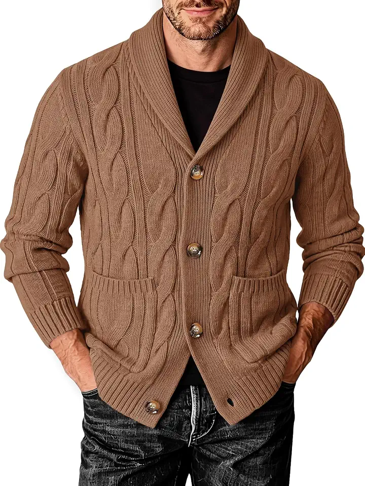 Men's Camel Shawl Collar Cardigan