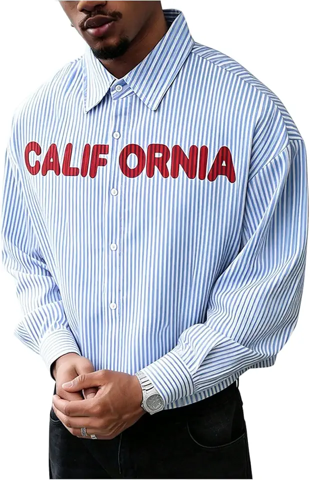 VIPWOLF Men's Oversized Cropped Shirts Striped Long Sleeve Boxy Shirt