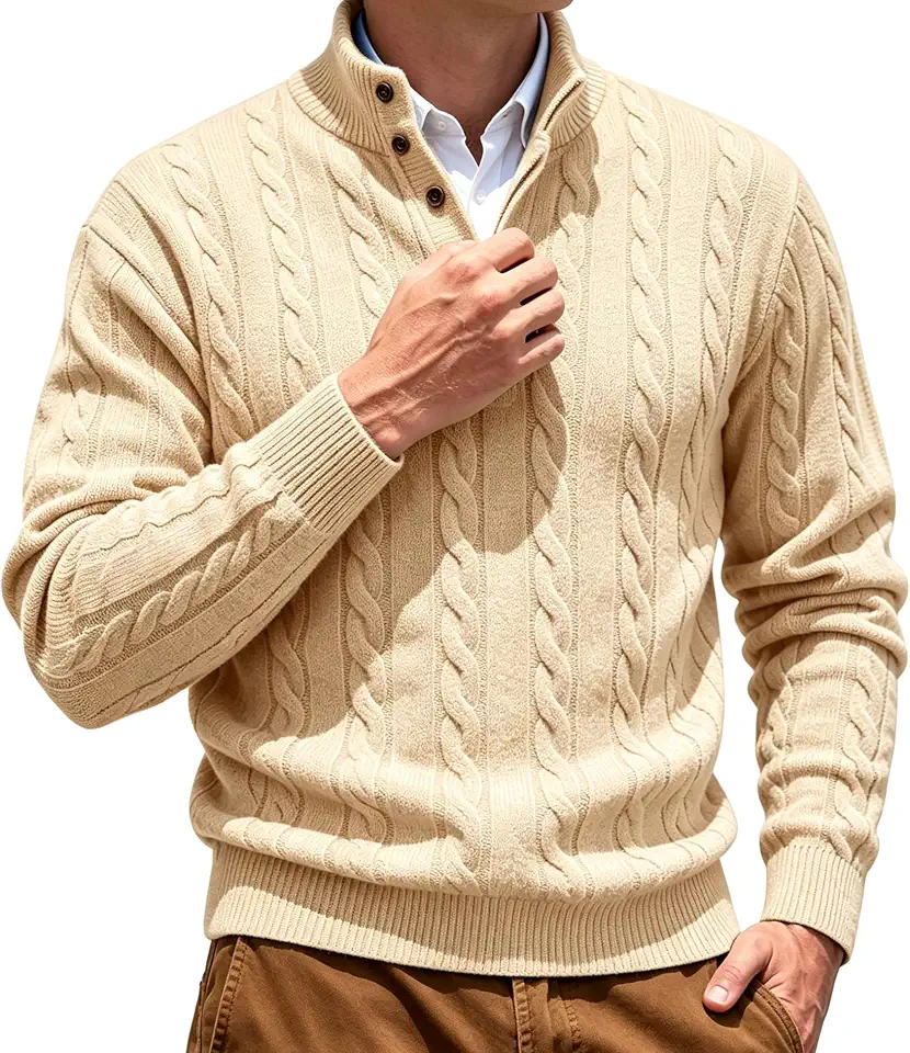 LecGee Men's Cable Knit Henley Sweater Casual Long Sleeve Pullover