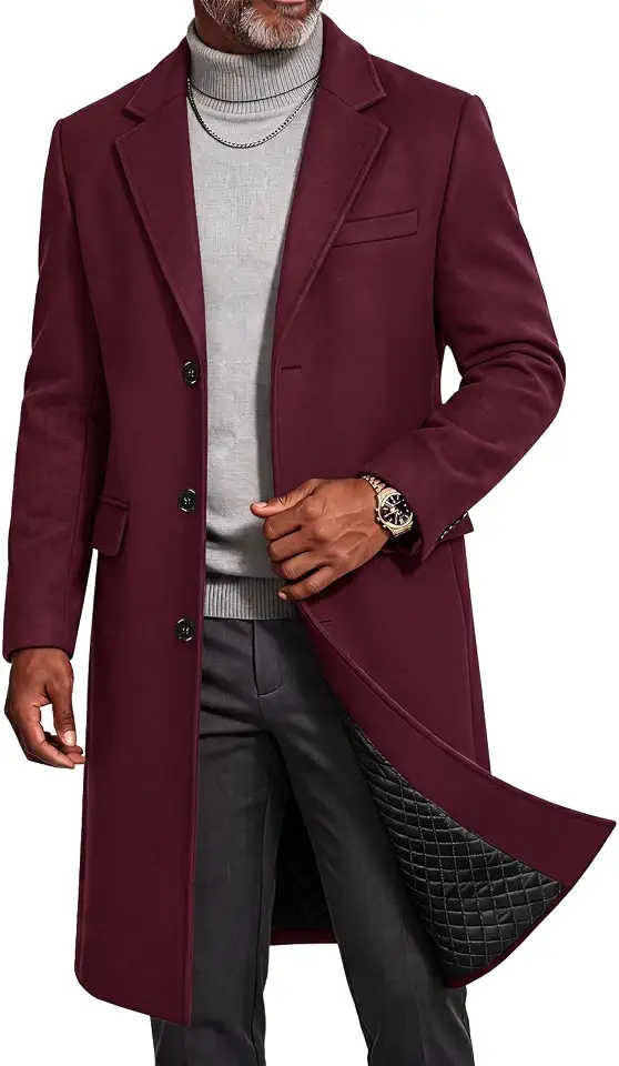 Runcati Mens Quilted Trench Coat Single Breasted Notch Lapel Long Pea Coat