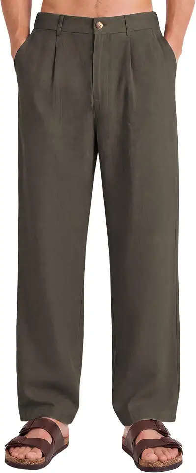 Fioboc Men's Linen Pants Pleated Relaxed Straight Leg Casual Dress Trousers