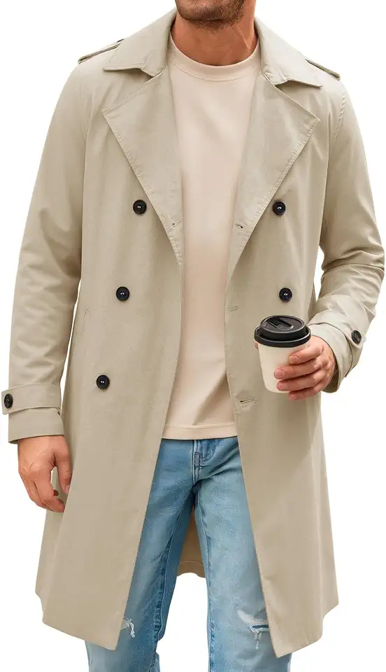 Runcati Mens Notch Lapel Double Breasted Trench Coat