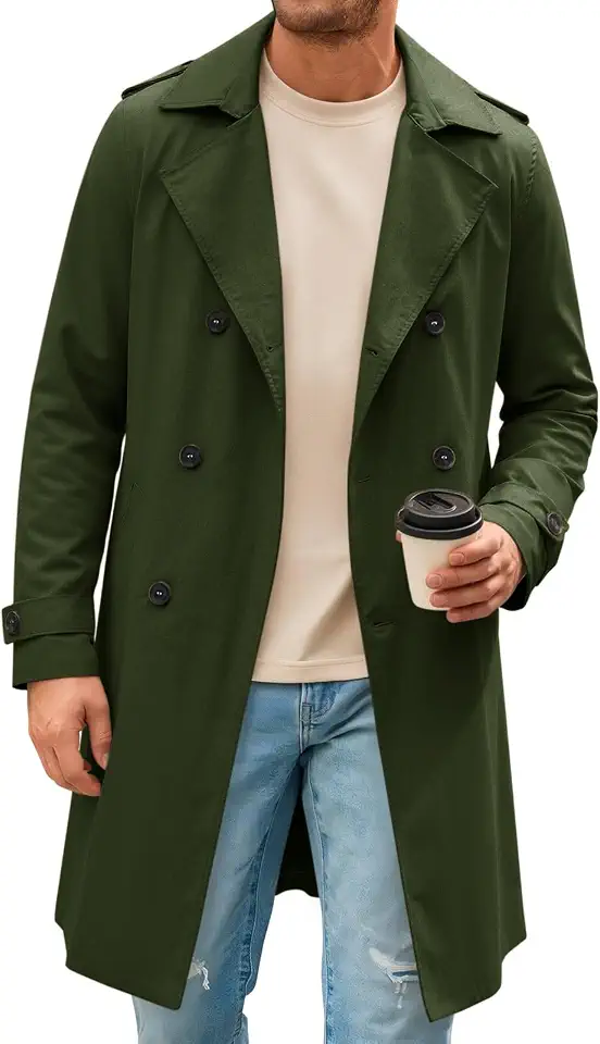 Runcati Mens Notch Lapel Double Breasted Trench Coat