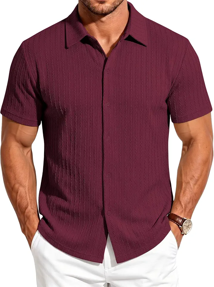 Men's Burgundy Crochet Short Sleeve Shirt