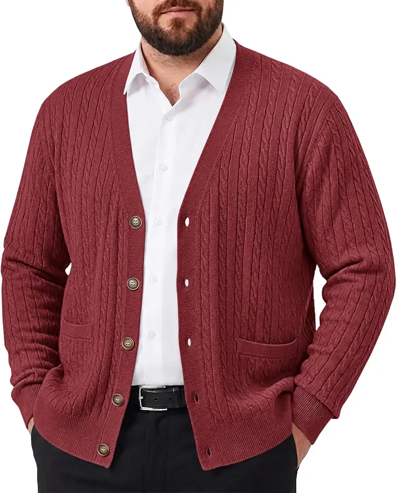 Runcati Mens Big and Tall Cardigan Sweater Cable Knit V Neck Casual Sweaters