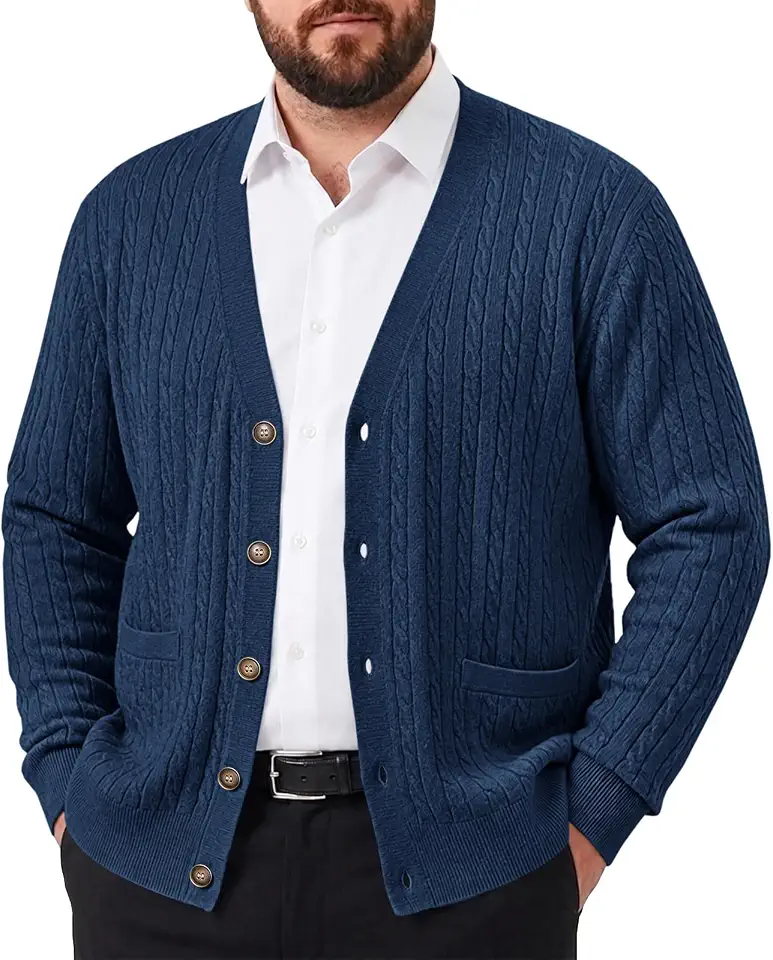 Runcati Mens Big and Tall Cardigan Sweater Cable Knit V Neck Casual Sweaters