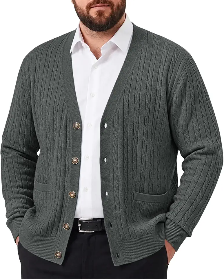 Runcati Mens Big and Tall Cardigan Sweater Cable Knit V Neck Casual Sweaters
