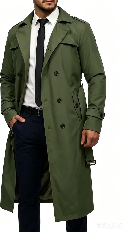 Runcati Mens Trench Coat Double Breasted Notch Lapel Slim Fit Long Overcoat