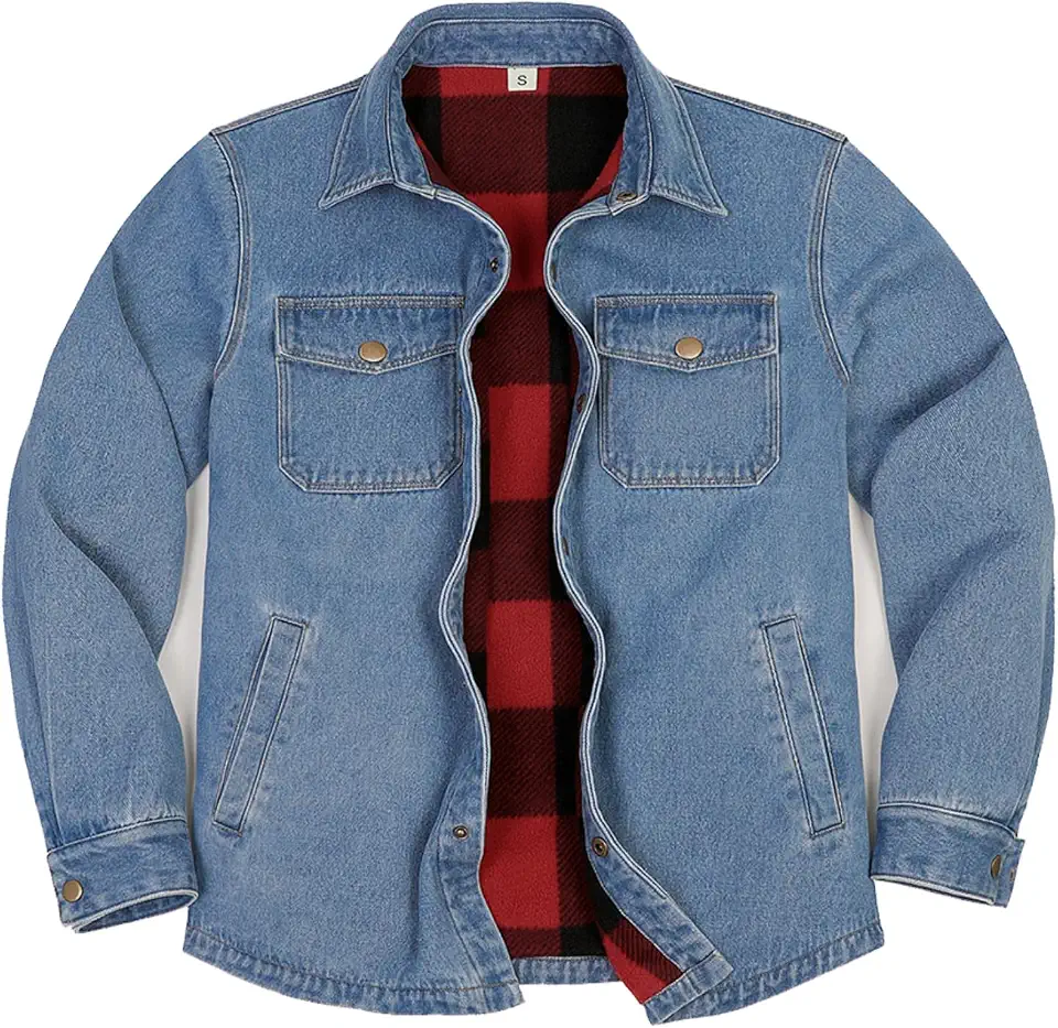 Lisskolo Men's Fleece Lined Denim Shirt Jacket Snap Button Jean Shacket