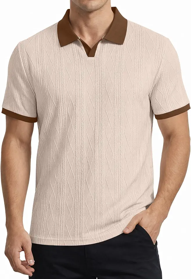 JMIERR Men's Casual Short Sleeve Cable Knit Texture Polo Shirts Cotton Stretch Johnny Collar Tee Summer Vacation Golf Shirts