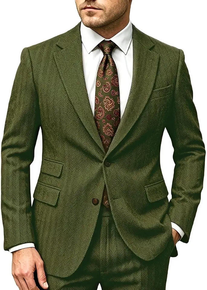 Retro 2 Piece Mens Tweed Suit Wool Herringbone Wedding Prom Tuxedo Men