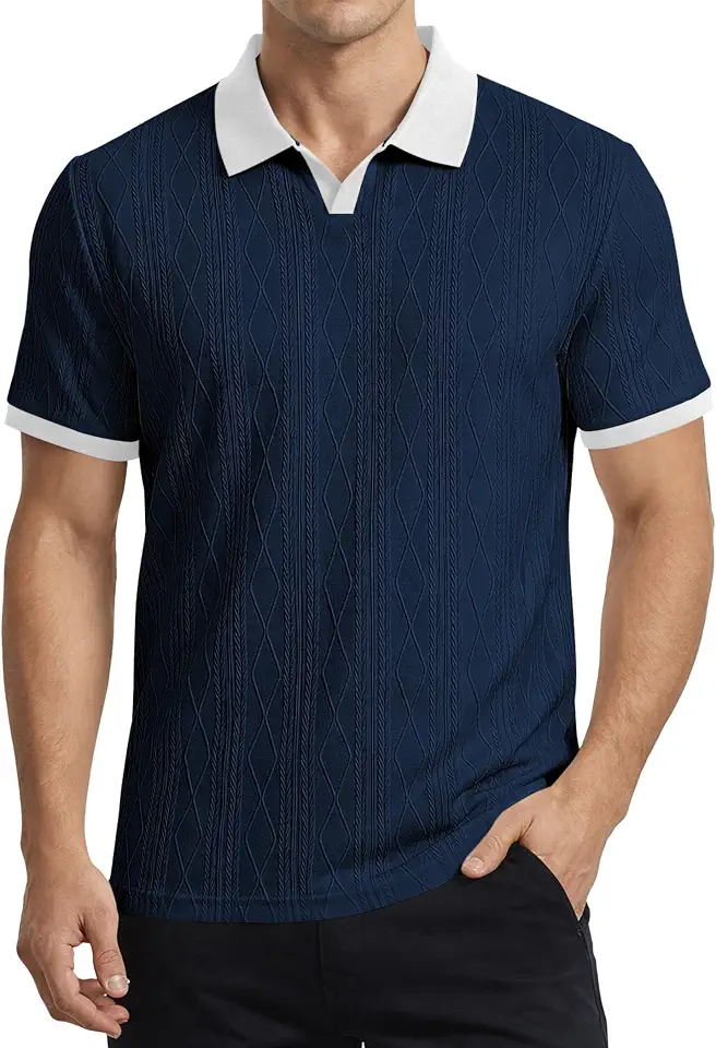 JMIERR Men's Casual Short Sleeve Cable Knit Texture Polo Shirts Cotton Stretch Johnny Collar Tee Summer Vacation Golf Shirts
