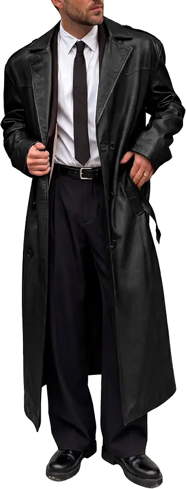 Runcati Mens Leather Trench Coat Double Breasted Notch Lapel Long Overcoat