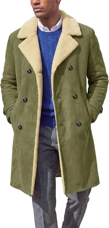 Runcati Mens Faux Shearling Coat Double Breasted Long Winter Trench Coat